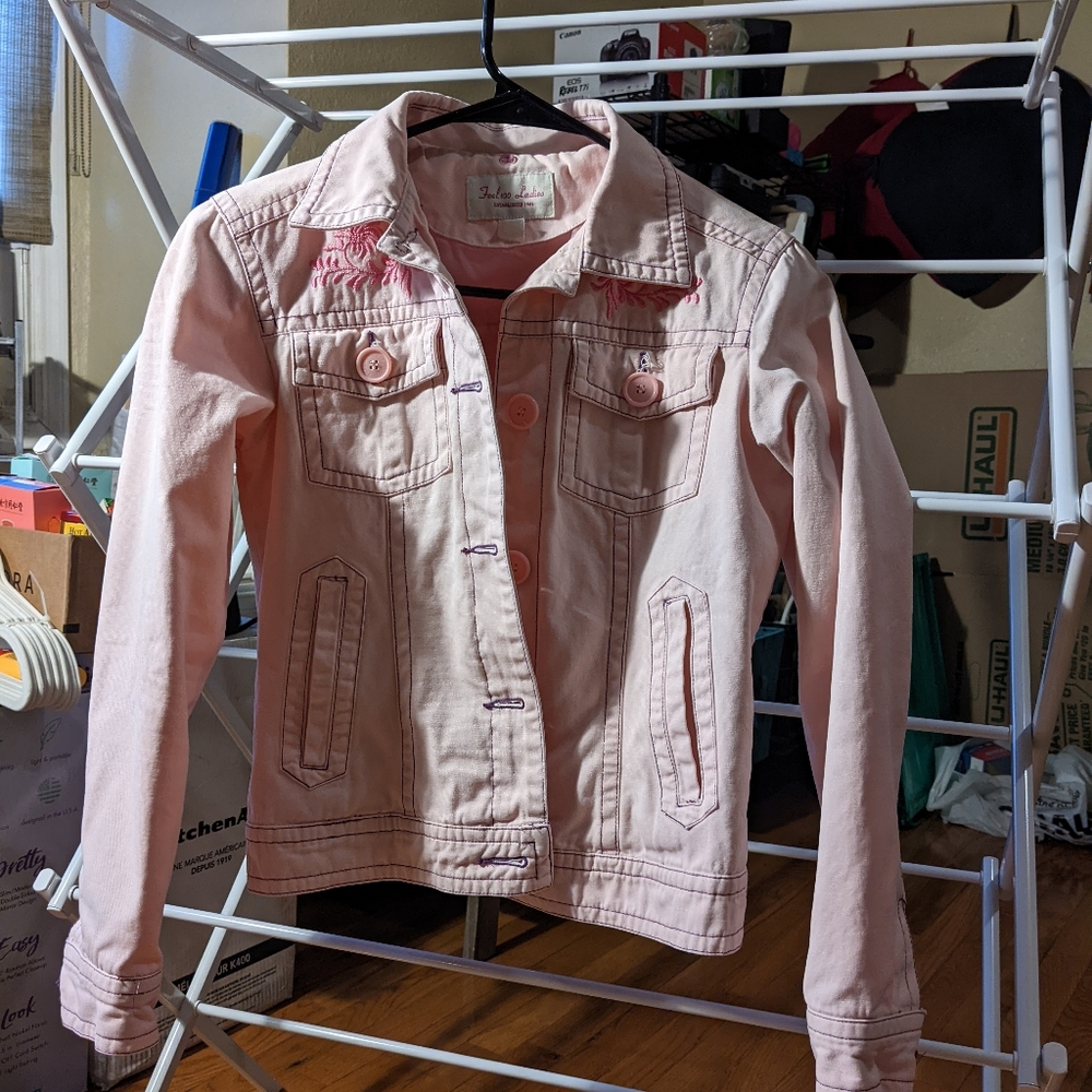 Pink embroidered denim jacket, S